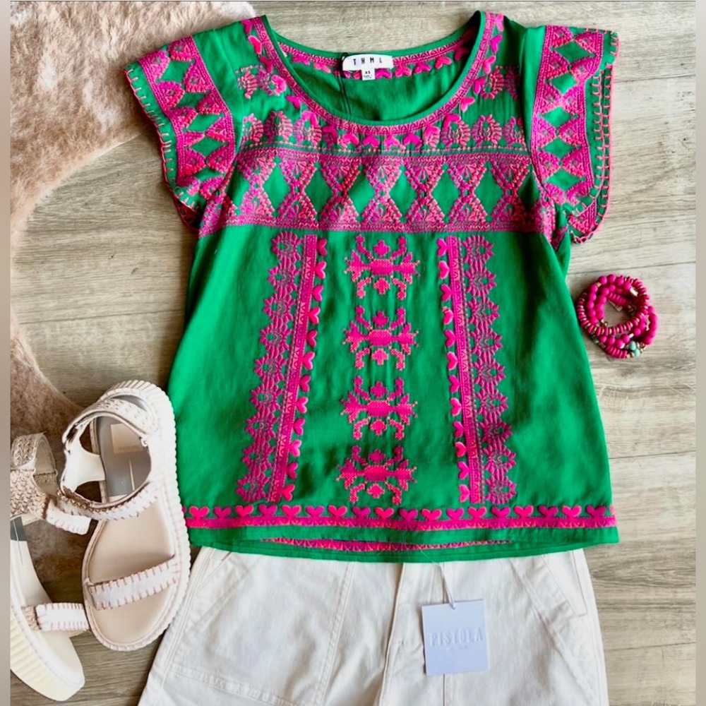NWT Rose Pink & Green Printed Boho Abstract Cap Short Sleeve Blouse Small Medium - Picture 5 of 6